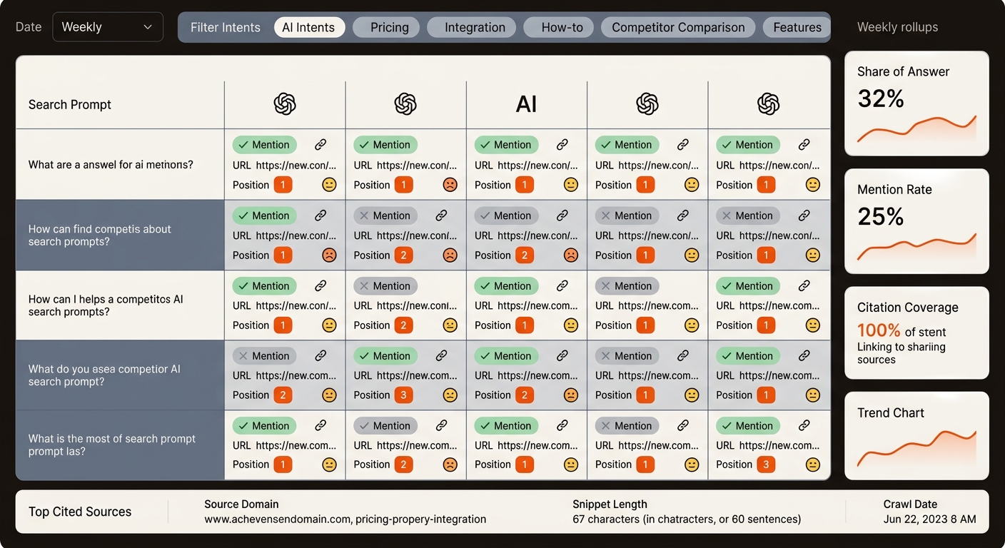 Cross-model monitoring dashboard mock showing a prompts-by-model grid with KPIs for mentions, links, position, and sentiment, plus weekly trend and citation summary cards in brand colors.