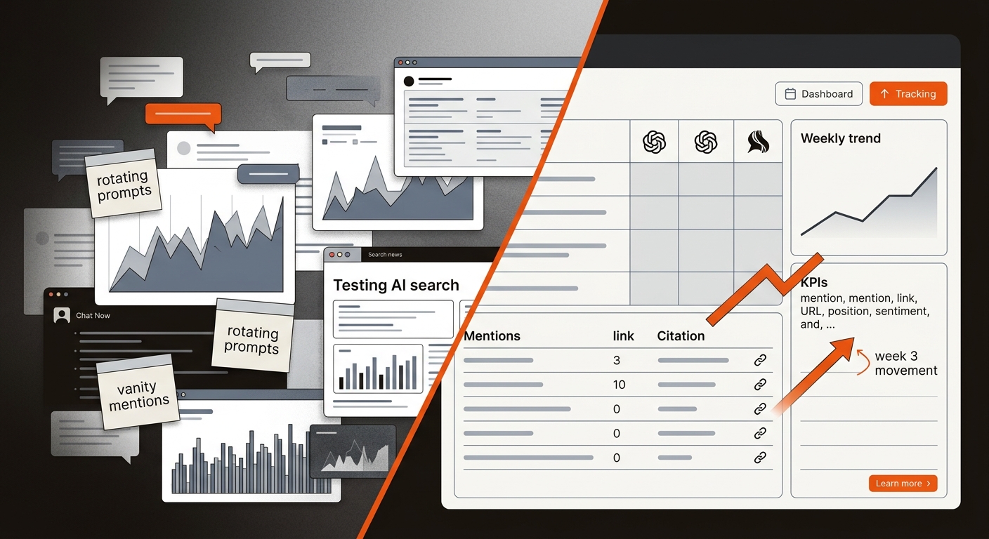 Featured split-scene illustration contrasting chaotic ad hoc AI search tests with a clean, standardized weekly tracking dashboard that logs mentions and citations across multiple AI models.
