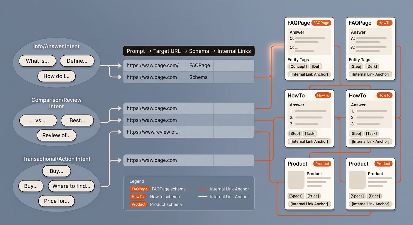Flow diagram mapping groups of prompts to target pages with schema badges (FAQPage, HowTo, Product) and orange-highlighted internal link connections, showing how monitoring feeds content shipping.