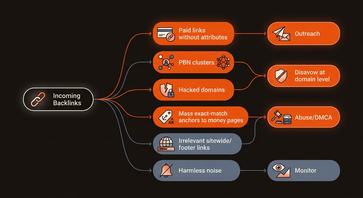 A clean, semi-isometric decision tree showing backlink risk categories branching to actions like outreach, disavow, abuse/DMCA, or monitor, in Mergeflo’s orange, dark, and blue-gray palette.