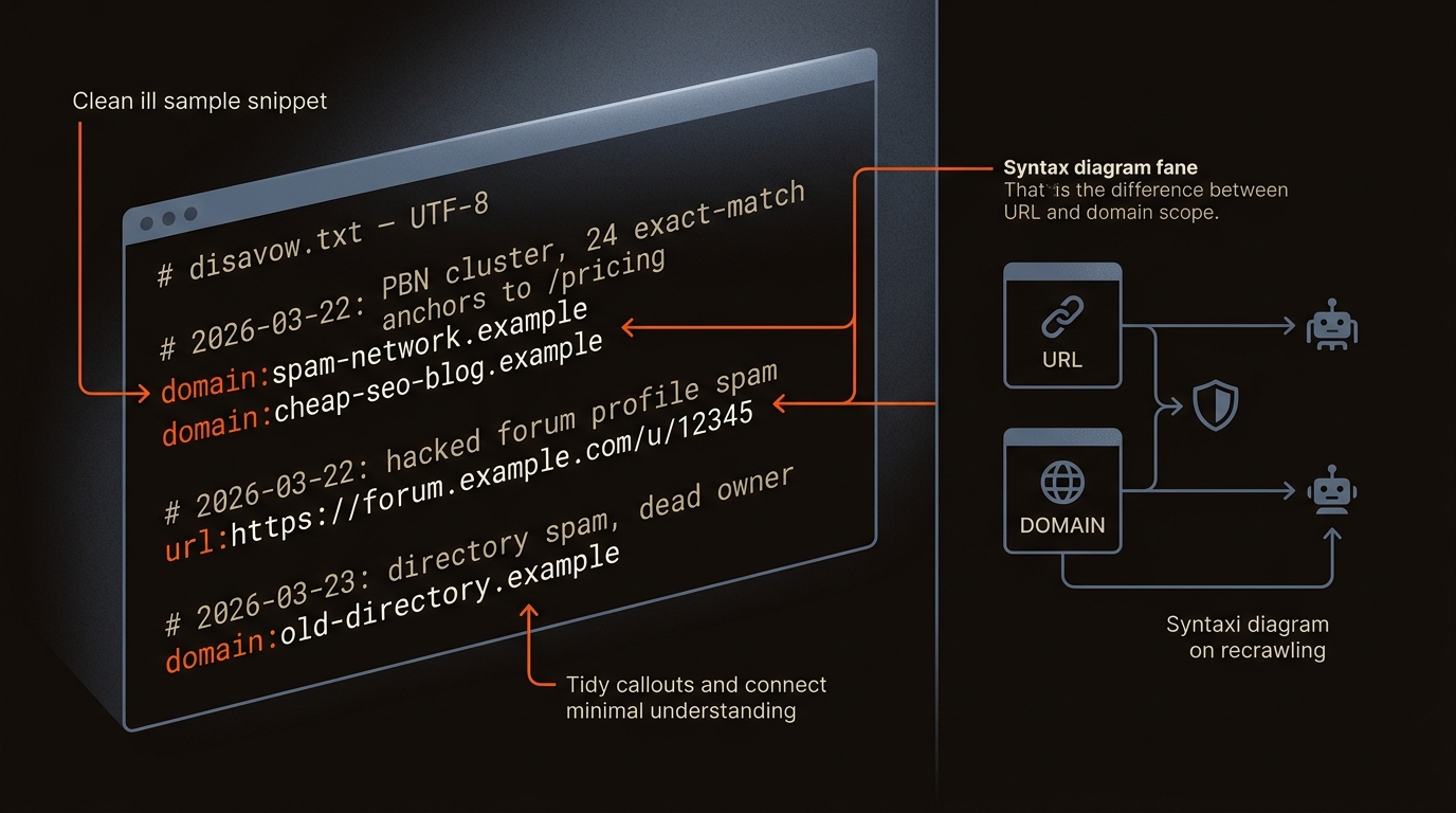 An editorial vector showing a sample disavow.txt code snippet beside a simple diagram clarifying URL vs domain disavow syntax, styled in orange, dark, and blue-gray.