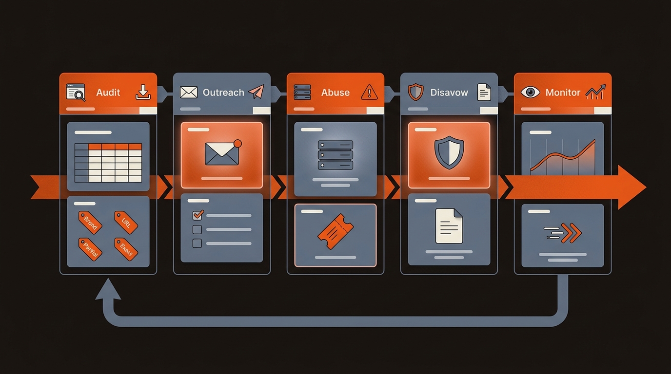 A sleek semi-isometric workflow board showing the recurring pipeline from audit to outreach, abuse, disavow, and monitor, using Mergeflo’s brand colors.