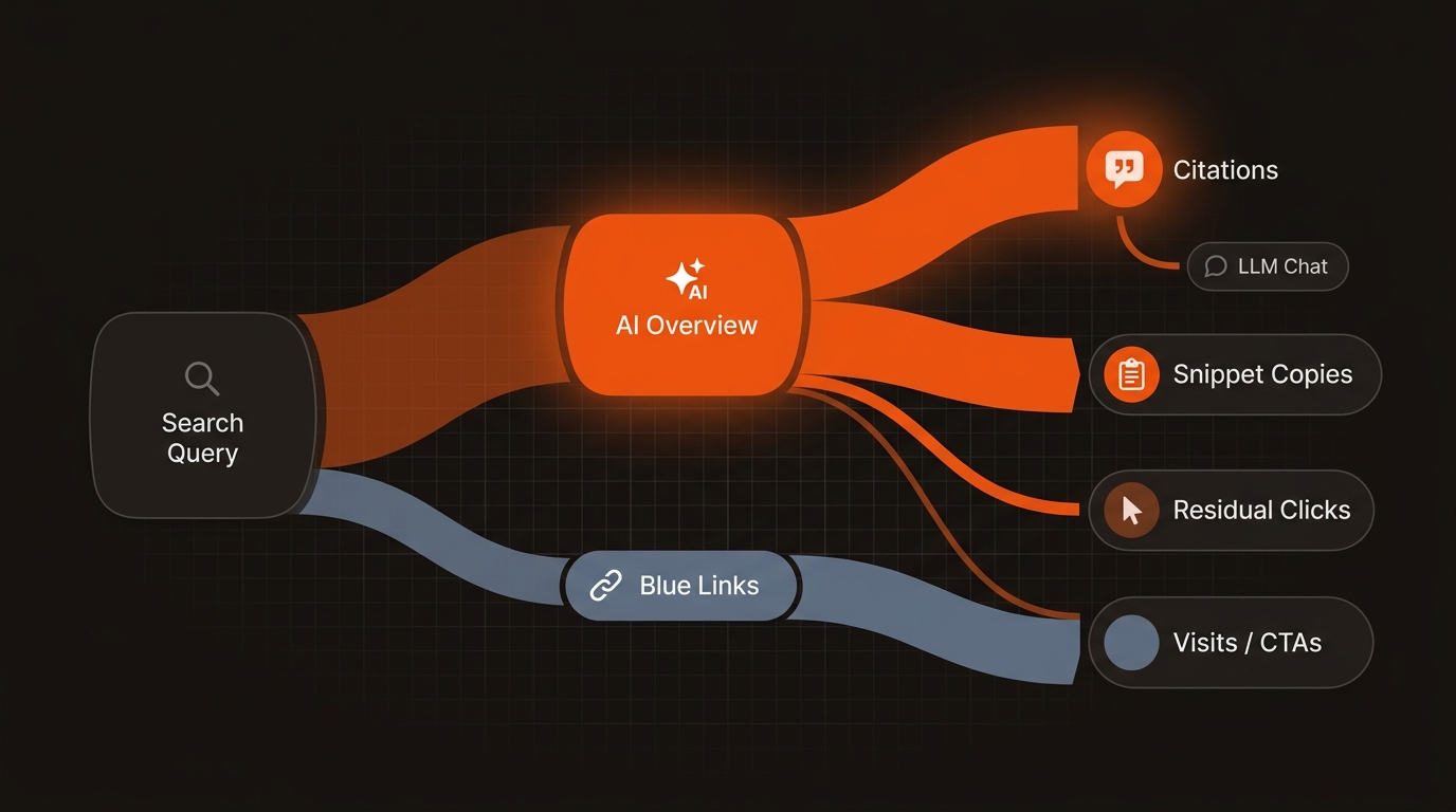 Sankey-style flow diagram showing a search query splitting to an AI Overview and Blue Links, with thicker orange streams leading to citations and snippet copies and a thinner blue-gray stream to residual clicks and visits on a dark background.
