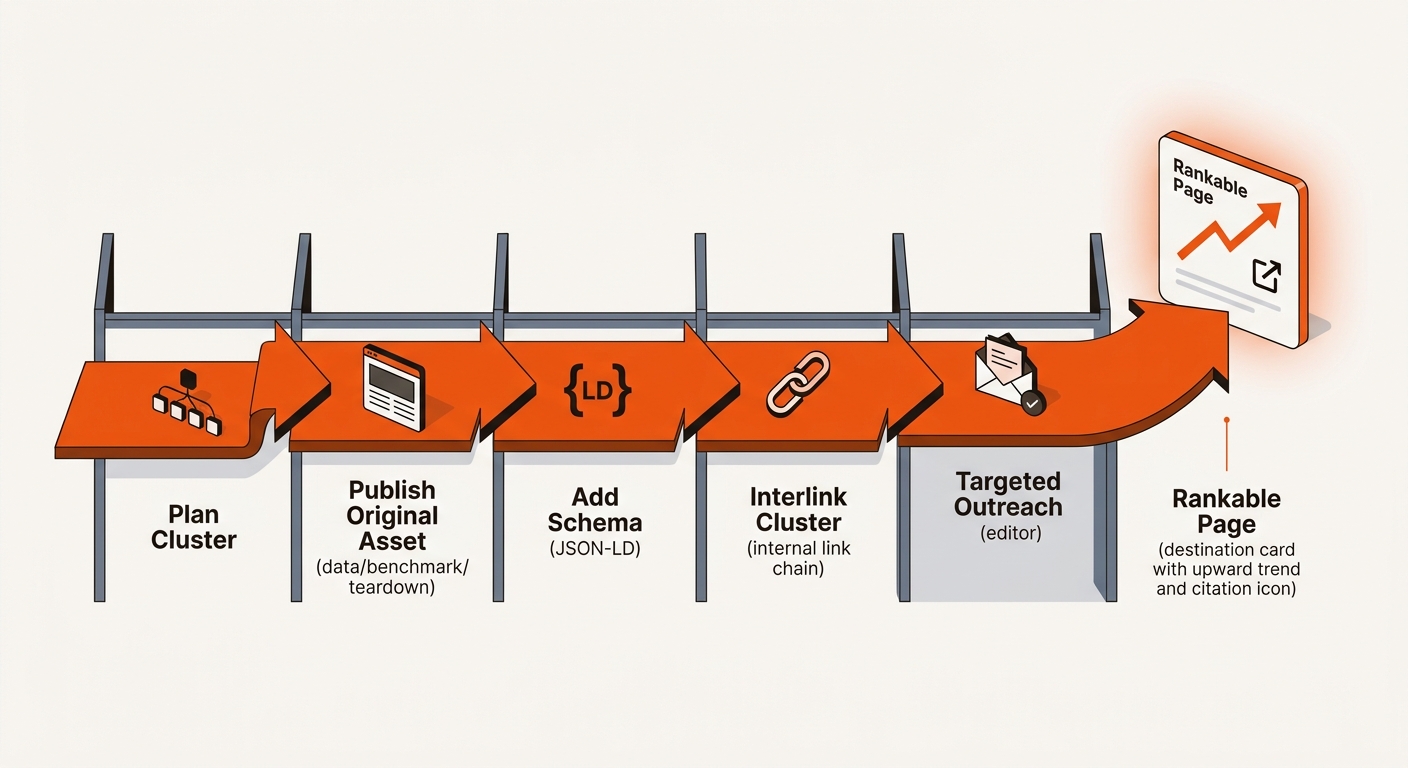Illustrated workflow showing stages from planning a cluster to outreach and routing link equity into a rankable page.
