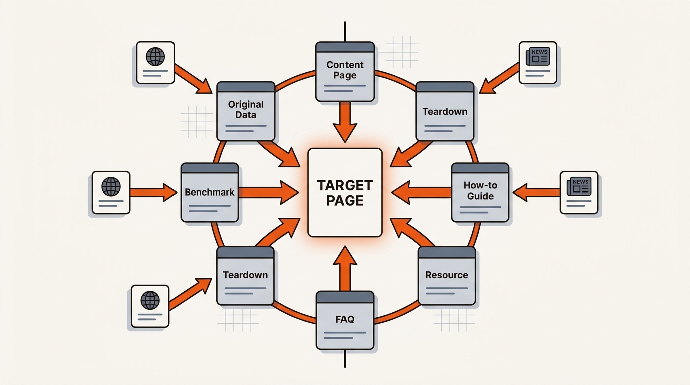 Featured diagram of a topical content cluster where editorial links flow through linkable assets into a central target page.