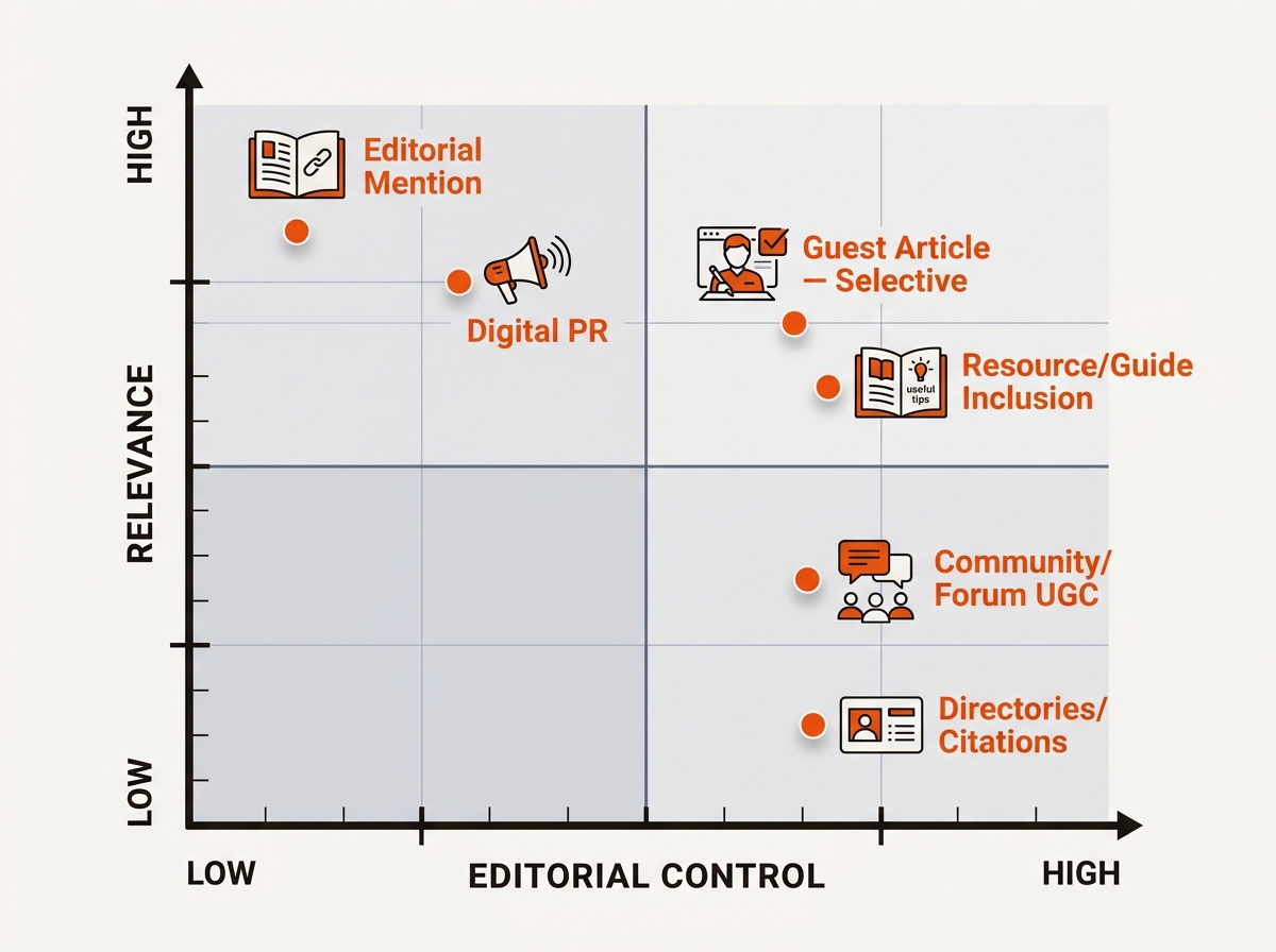 Matrix chart plotting link tactics by editorial control (X) and relevance (Y), highlighting Editorial Mentions high in relevance with low control.