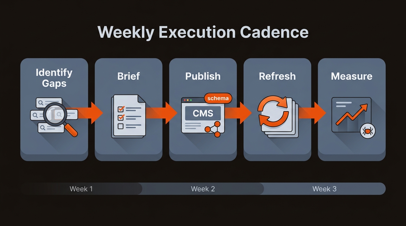 Sequential infographic showing a weekly loop from identifying gaps to briefs, publishing with schema and internal links, refreshing content, and measuring results.