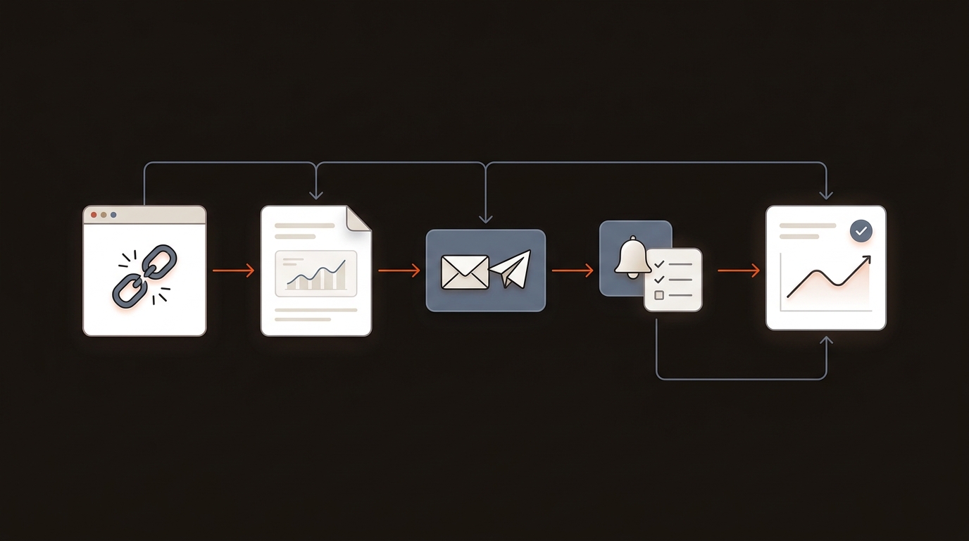 Horizontal flow diagram showing the link-building process from identifying broken links to mapping a replacement asset, sending outreach, following up, and tracking results, using bold orange accents on a dark background with blue‑gray secondary elements.