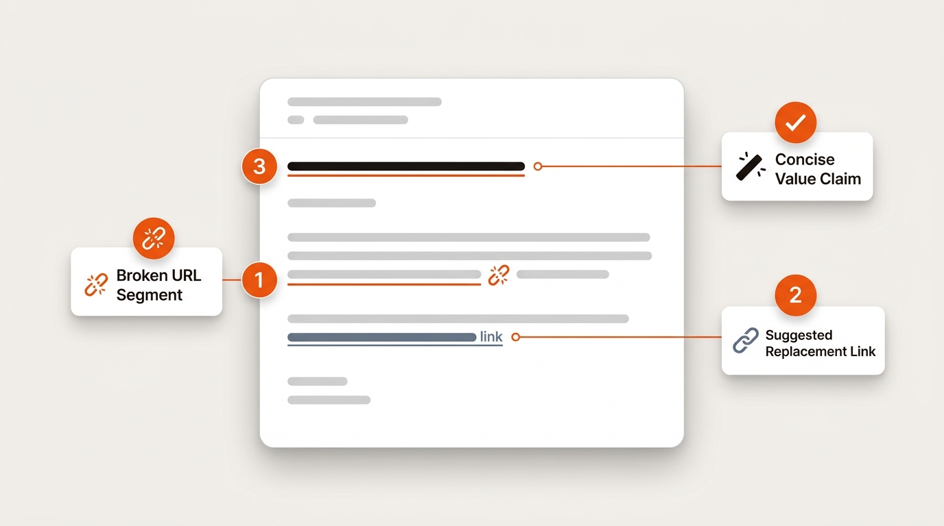 Clean email mockup with numbered callouts highlighting a broken URL, a suggested replacement link, and a one‑line value claim, using brand orange accents and blue‑gray link styling.