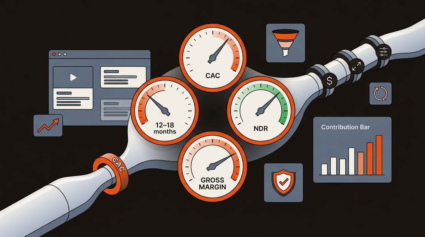Editorial vector graphic of a unit economics engine with gauges for CAC payback, net dollar retention, and gross margin, plus a constricting pipeline that widens after optimization, using an orange, deep charcoal, and slate brand palette.