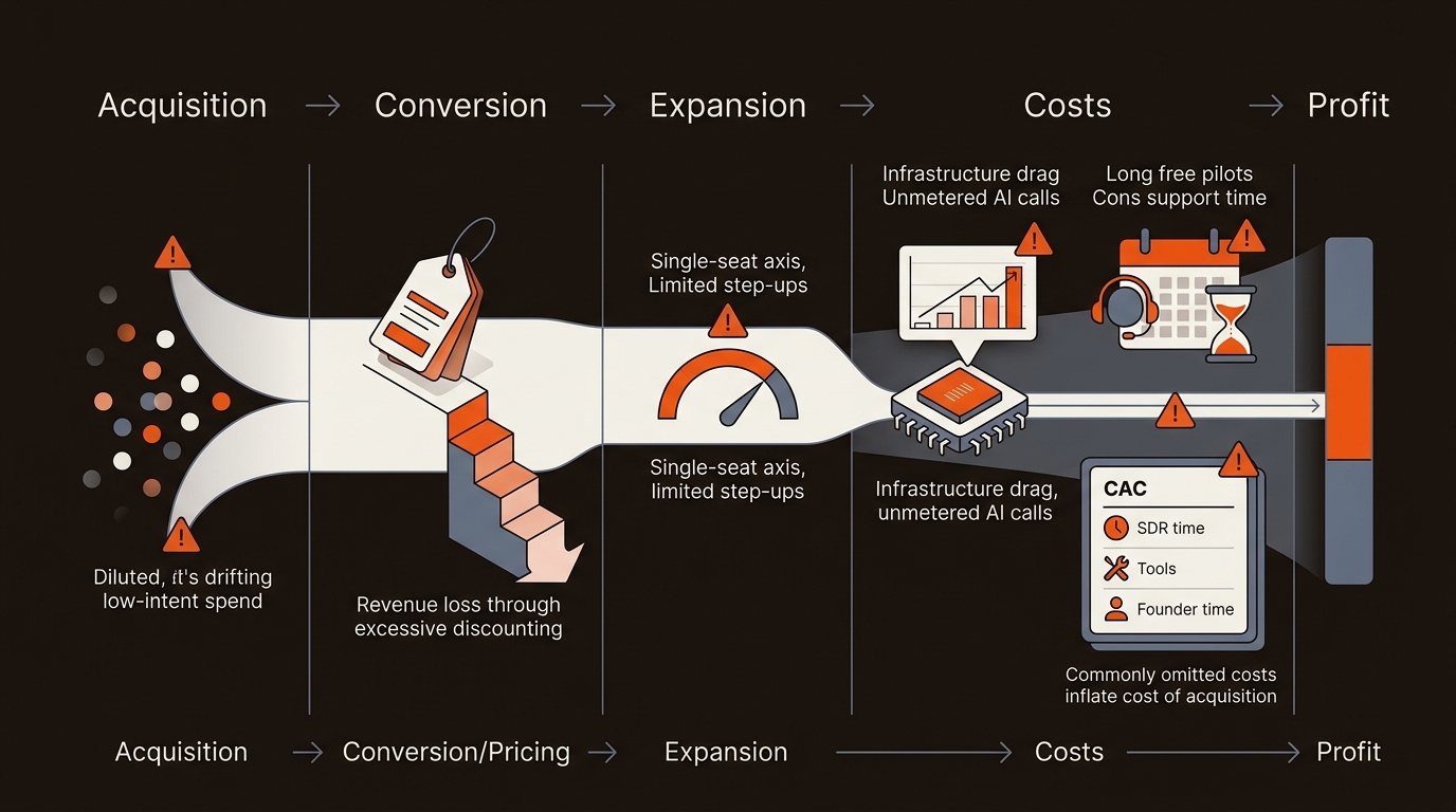 Schematic vector diagram of a SaaS revenue flow with hazard markers at waste points—low-intent acquisition, discount waterfall, limited expansion, infra cost spikes, and long free pilots—rendered in the brand’s orange, deep charcoal, and slate colors.
