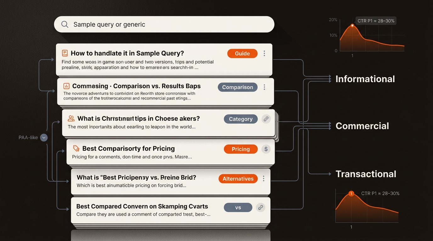 Hero illustration of a stylized SERP with color-coded content-type tags mapped to intent clusters and a small CTR curve highlighting position‑1 clicks.