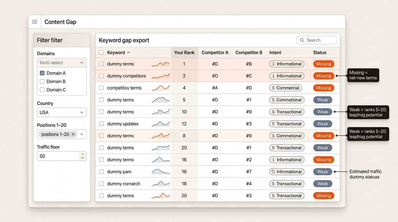 Editorial dashboard view of a keyword gap table with color-coded Missing and Weak badges, intent labels, and filters for country, positions, and traffic.