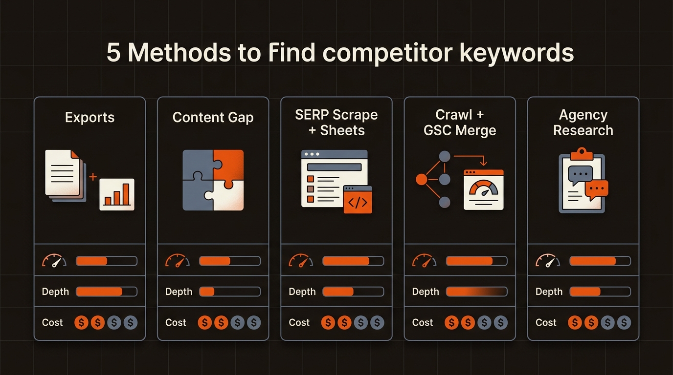 Grid of five tiles comparing methods to find competitor keywords with icon-only gauges for speed, depth, and cost, using brand orange accents on a dark background.
