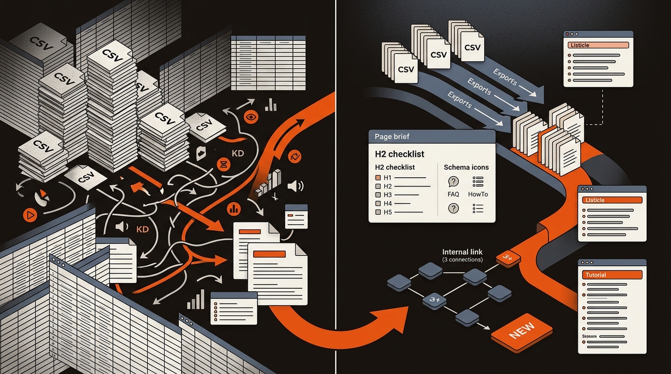 Split illustration of chaotic keyword spreadsheets contrasted with a clean pipeline that turns exports into prioritized briefs and published pages, with a bright orange path guiding from left chaos to right clarity on a dark brand background.