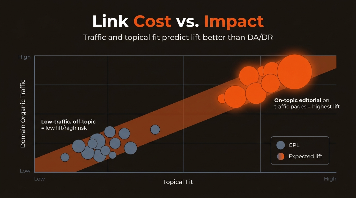Hero infographic showing a 2x2 chart of link CPL versus impact, with high-traffic, on-topic links highlighted in orange and low-traffic, off-topic links muted in slate blue on a dark background.