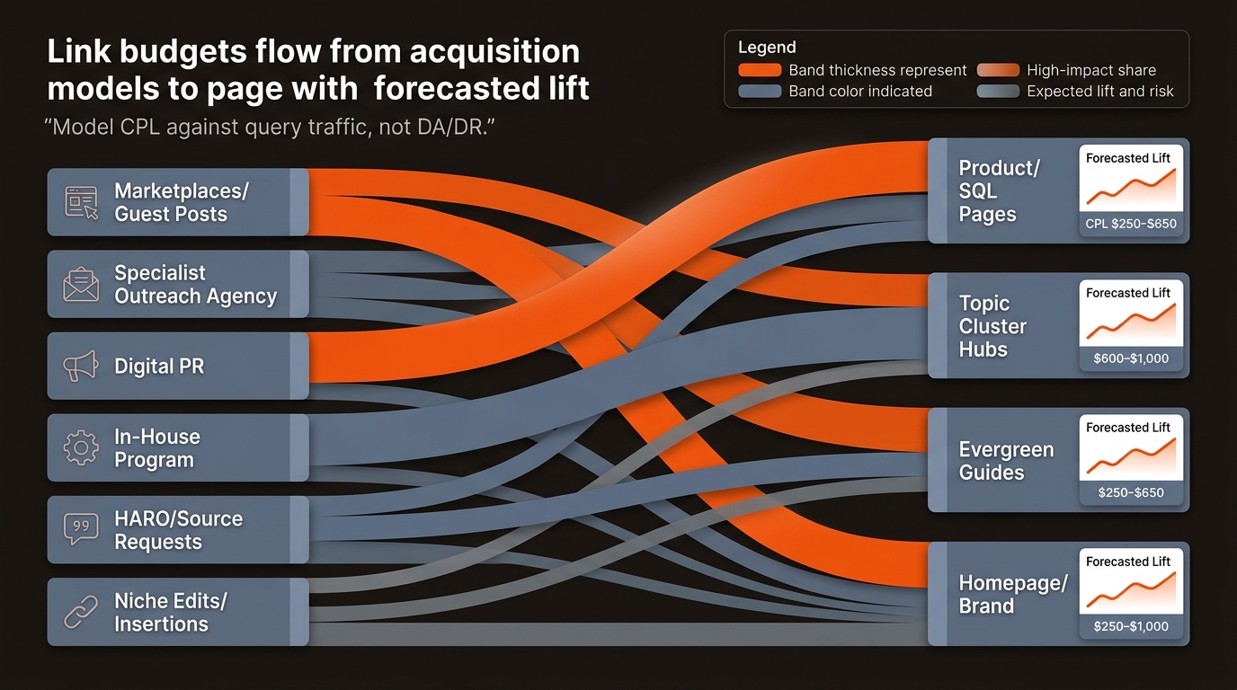 Flow infographic showing budget moving from link acquisition models to target page types with small forecasted lift bars and CPL tags, using orange and slate-blue on a dark background.
