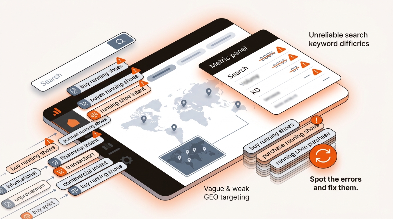 Editorial vector hero showing an analytics dashboard with warning badges on unreliable metrics, overlapping duplicate keyword chips, and a faint world map with vague location pins, using a brand palette of orange, deep near-black, and slate blue-gray.
