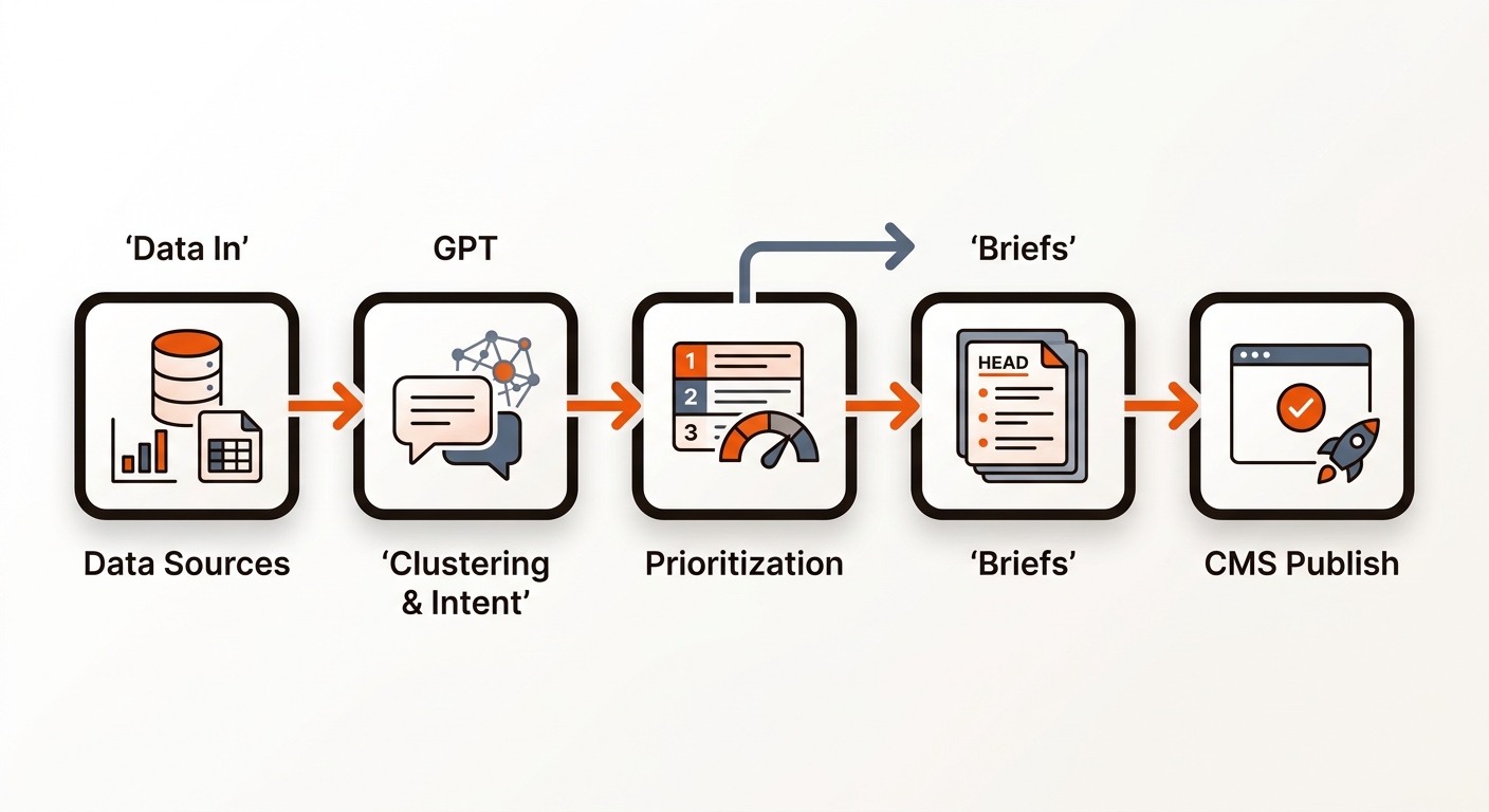 Clean vector workflow diagram showing data sources flowing into GPT clustering and intent, then prioritization, briefs, and finally CMS publishing, connected by arrows in brand orange with deep near-black and slate blue-gray accents.