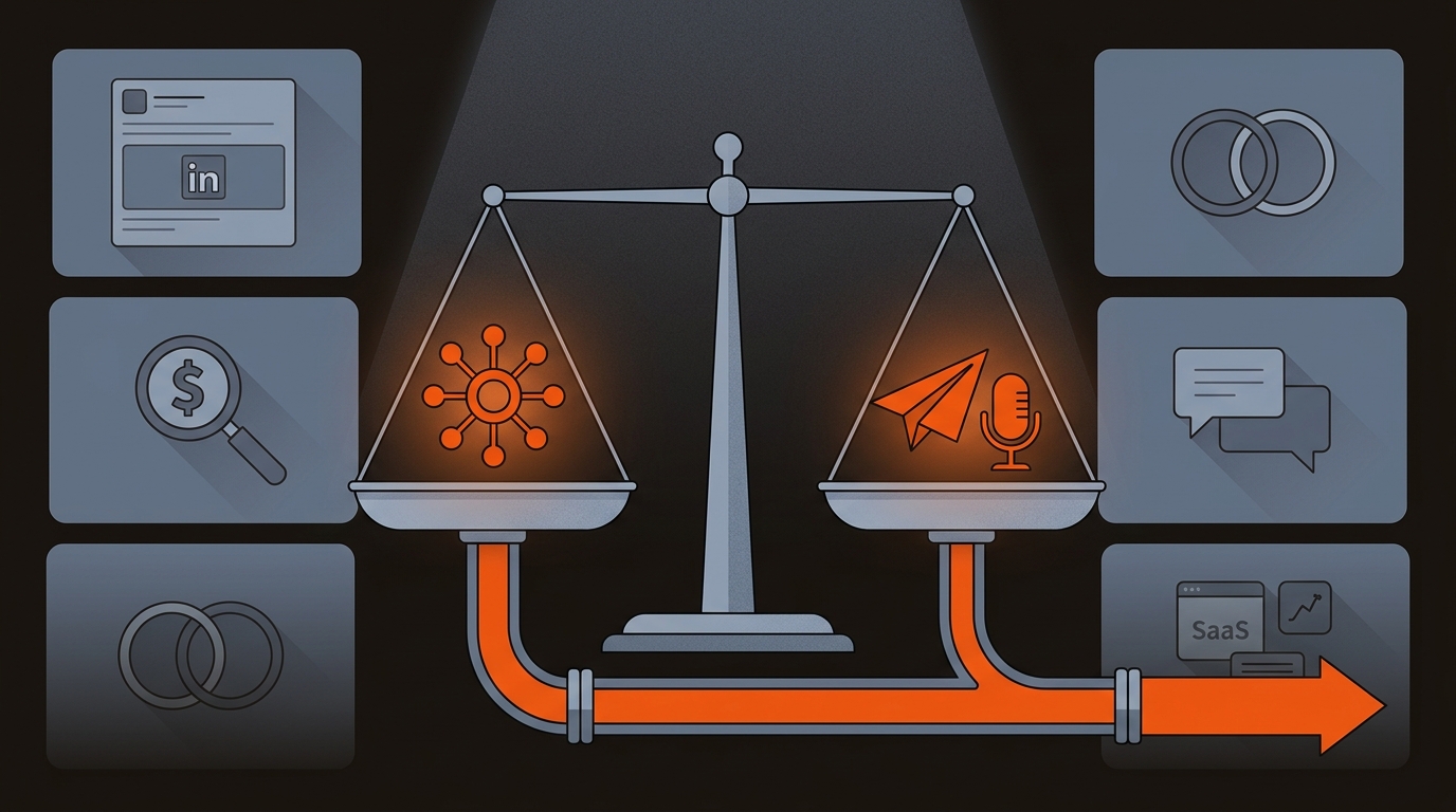 Editorial illustration of a balanced scale highlighting SEO/AEO clusters on one side and outbound/partner webinars on the other, with other channels muted in the background, in brand colors orange, charcoal, and slate.