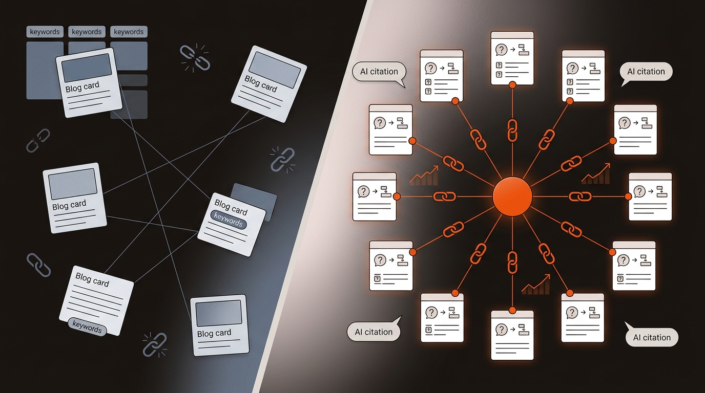 Split-screen illustration showing a chaotic set of scattered blog pages with broken links on the left, and a clean SEO/AEO hub-and-spoke cluster with schema icons and strong internal links on the right, using brand colors orange, charcoal, and slate.