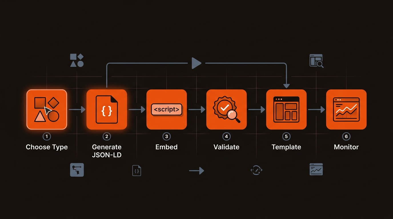 Horizontal flowchart illustrating the schema markup workflow—choose type, generate JSON-LD, embed, validate, template, and monitor—using orange nodes and blue‑gray connectors on a dark background.