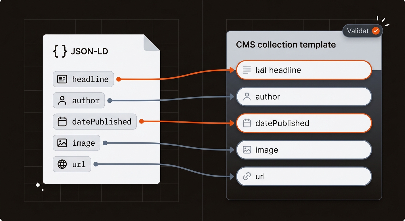 Diagram mapping JSON-LD properties on a document to matching CMS template fields, with orange lines for required fields and blue‑gray lines for optional fields on a dark background.
