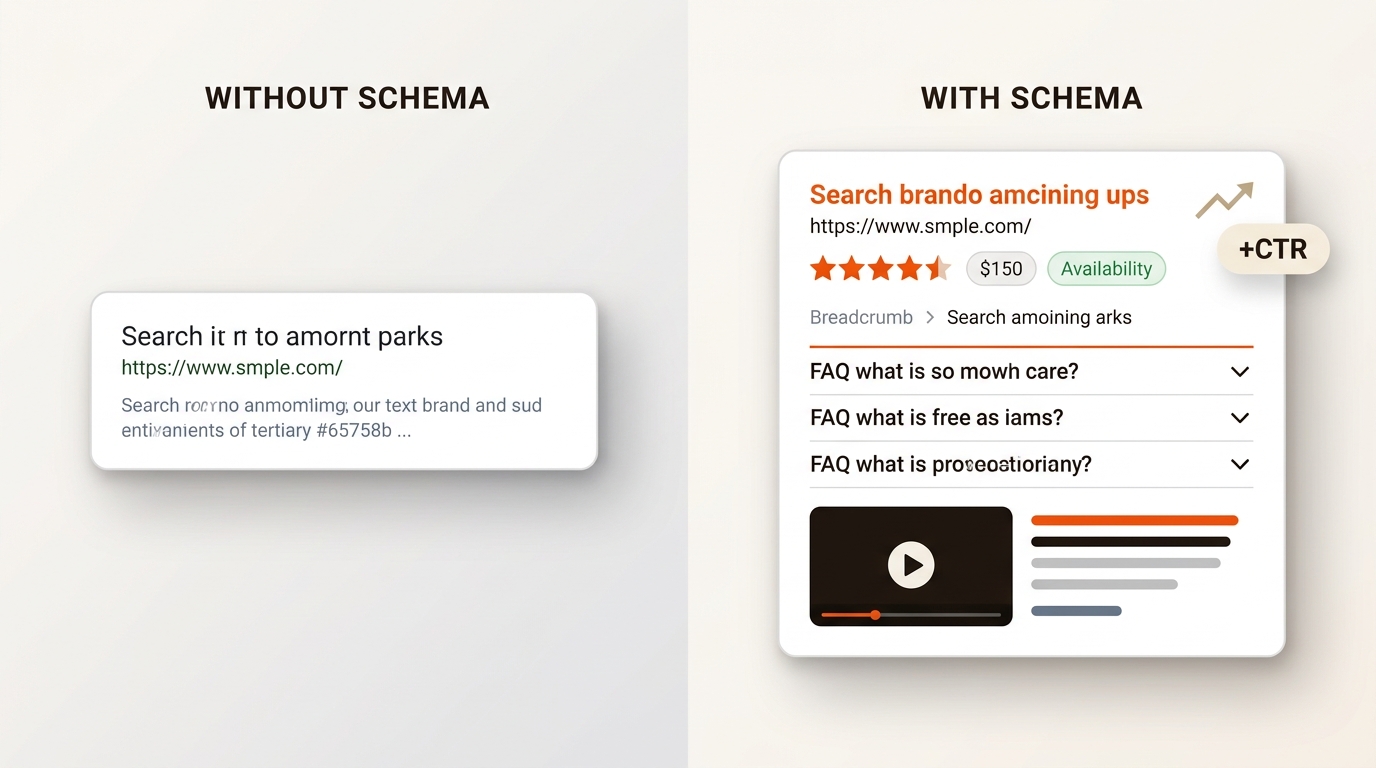 Side-by-side comparison of a plain search result and a rich result with ratings, price, FAQ, and a video thumbnail, illustrating higher click-through potential.
