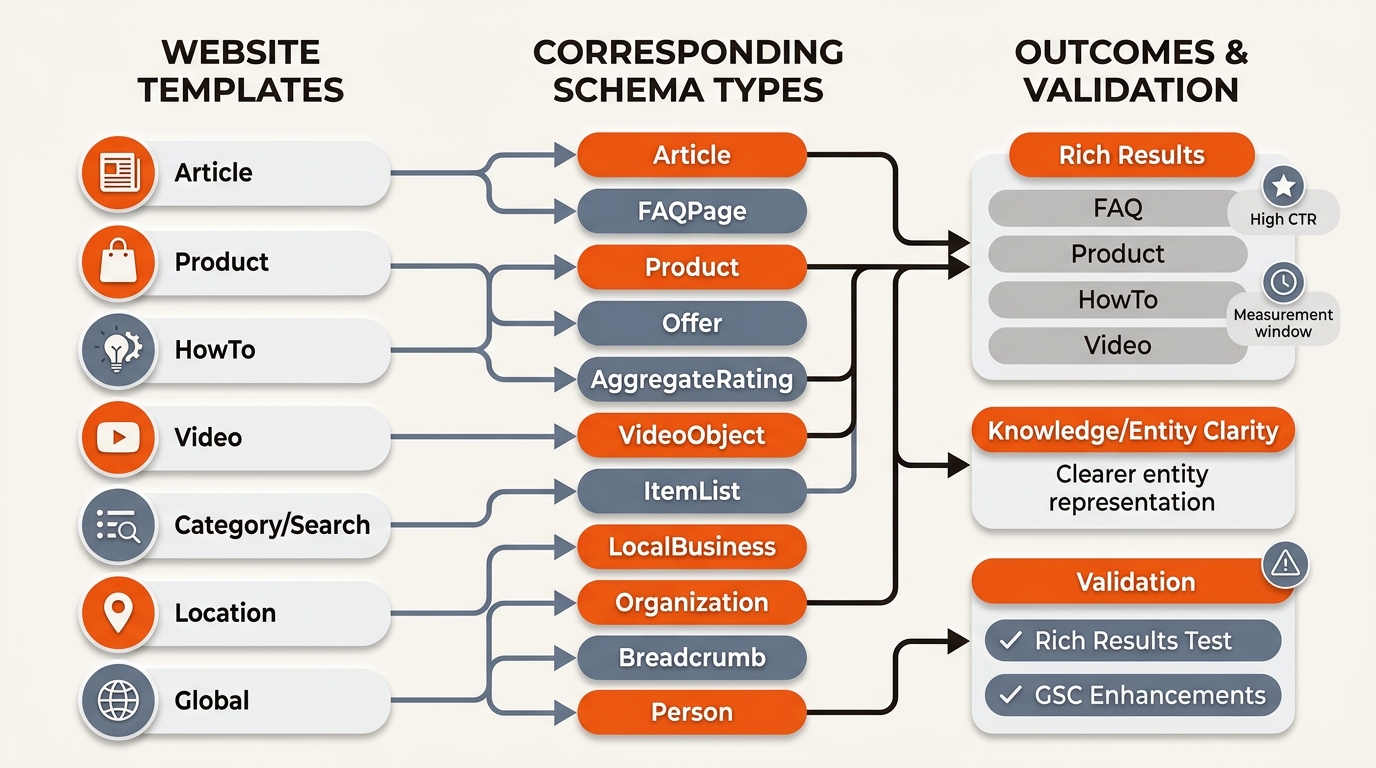 Flowchart mapping templates like Article, Product, HowTo, and Video to schema types such as FAQPage, Product/Offer/AggregateRating, VideoObject, and ItemList, ending in validation and rich results.