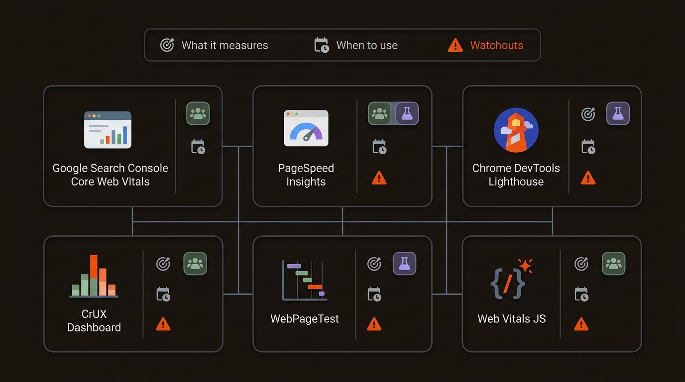 Abstract comparison grid linking six Core Web Vitals tools with icons and field-versus-lab badges, in a dark brand-themed vector style.