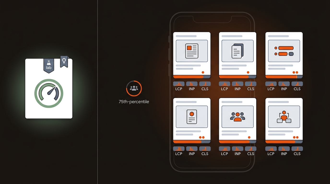 Illustration contrasting a single passing lab test with multiple failing mobile page templates at the 75th percentile, using brand orange highlights on a dark background.