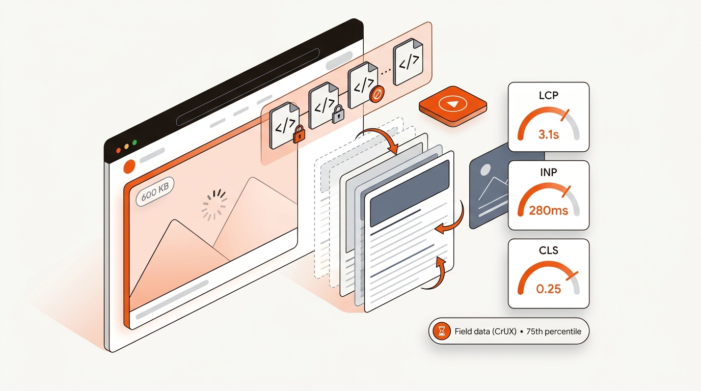 Isometric illustration of a web page with an oversized hero image, blocking scripts, and shifting elements beside LCP, INP, and CLS gauges showing poor scores to depict common Core Web Vitals failures.