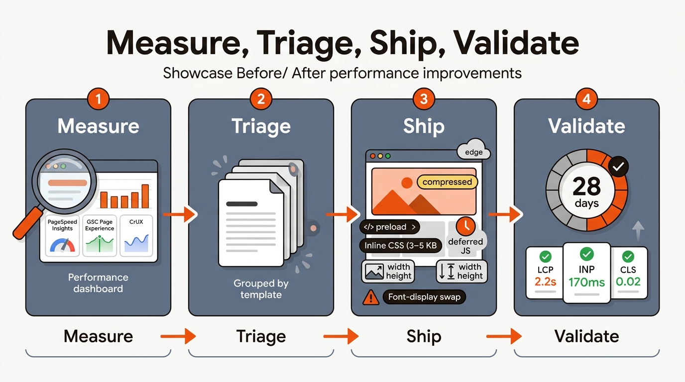 Horizontal flowchart showing Measure, Triage, Ship, and Validate steps with a browser mockup and icons for compression, preload, inline CSS, deferred JS, and a 28‑day validation calendar, ending with improved LCP, INP, and CLS cards.