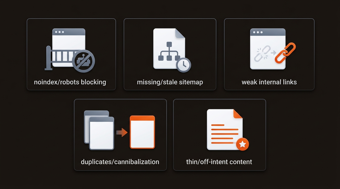 Grid of five minimalist tiles illustrating indexation issues: robots/noindex blocking, a sitemap with a clock, weak to strong internal links, duplicate pages merging, and a thin document gaining content, using orange highlights on a dark background.