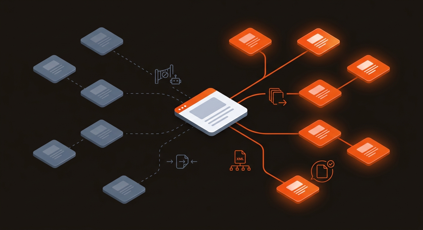 Isometric vector of a website network where dim blue‑gray nodes indicate discovered pages and glowing orange nodes indicate indexed pages, with icons for robots blocking, duplicates, a sitemap, and a clear canonical signal on a dark background.