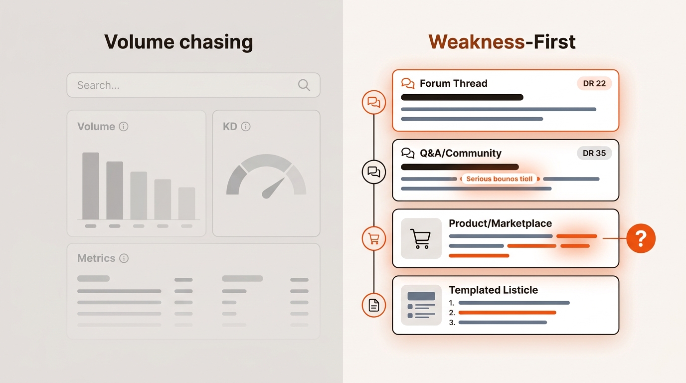 Editorial split-screen illustration showing a muted volume-first view on the left and a highlighted SERP on the right with forum and marketplace cards, low-authority badges, and mixed-intent signals in brand orange.