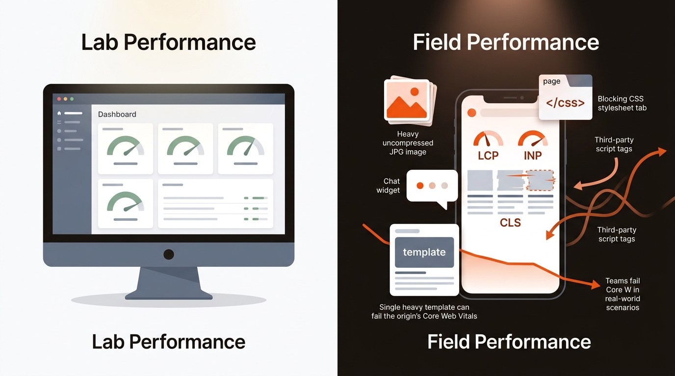 Split illustration showing good lab results on a desktop versus poor field performance on a mobile device weighed down by a large image, chat widget, blocking CSS, and third‑party scripts, using the brand’s orange, charcoal, and gray-blue palette.