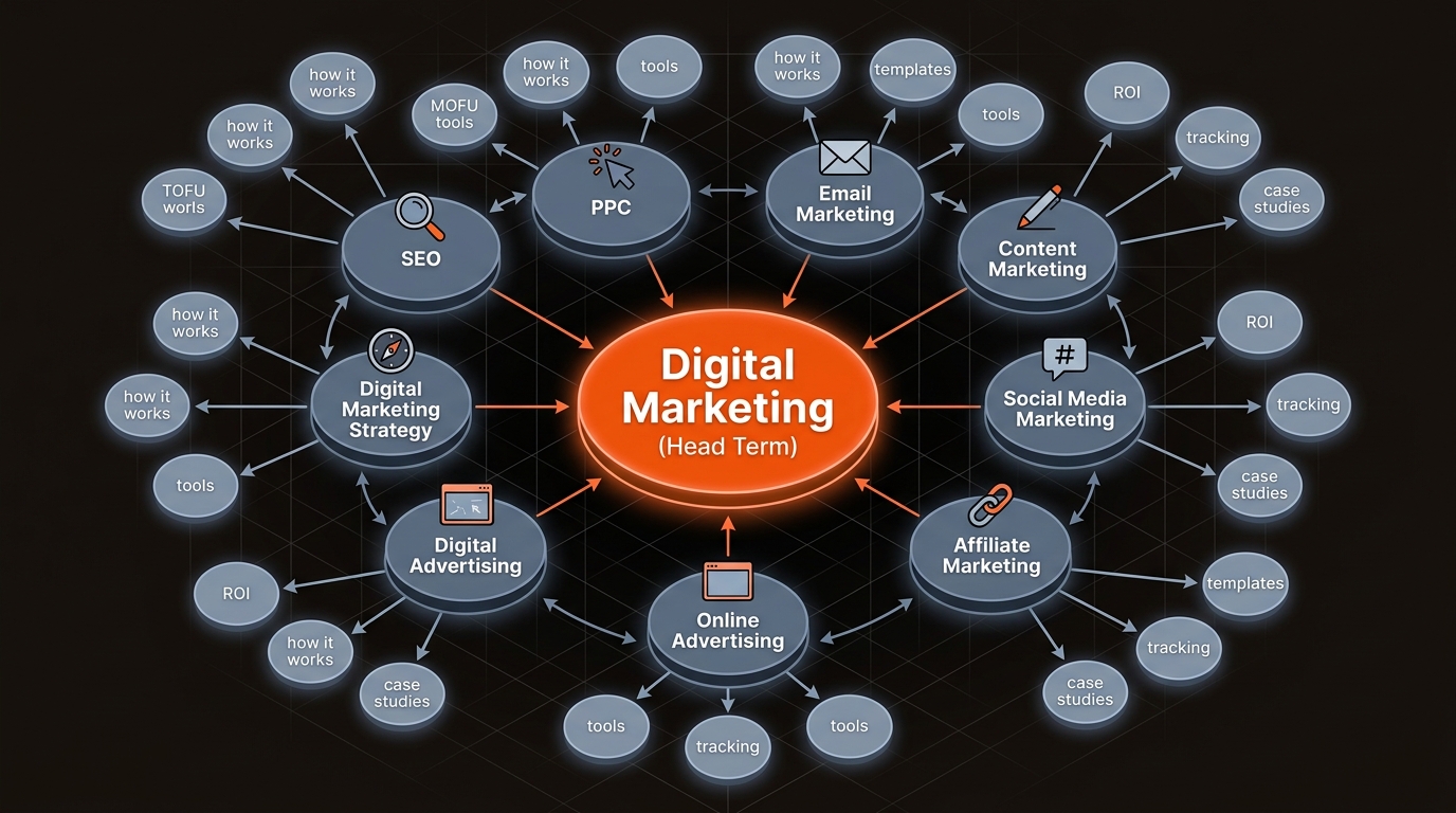 Radial cluster map linking a central digital marketing head term to channel nodes and their TOFU, MOFU, BOFU support pages, with directional internal link arrows, in a dark brand palette with orange highlights.