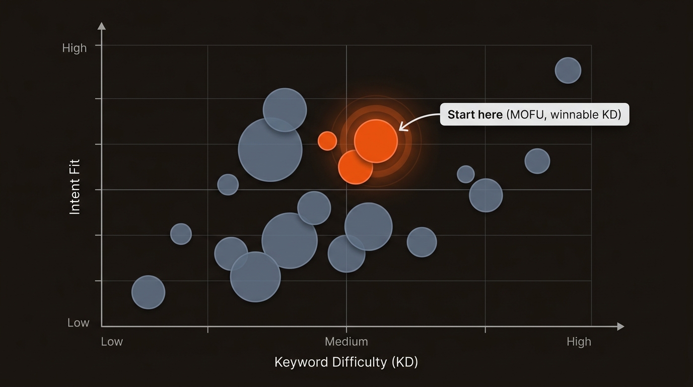 Quadrant chart with Keyword Difficulty on the x-axis and Intent Fit on the y-axis, highlighting a medium-KD, high-intent zone labeled “Start here,” using dark background with orange accents and blue-gray bubbles.