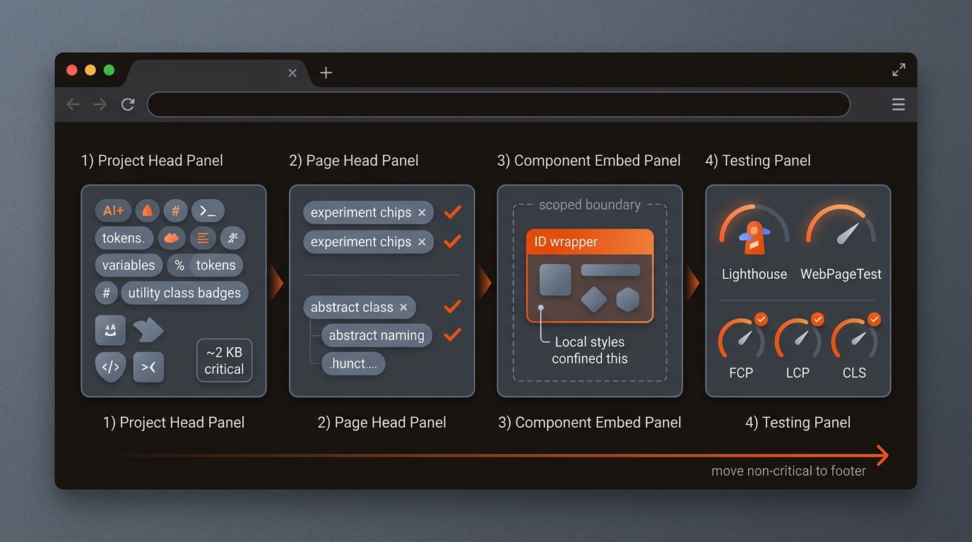 Step-by-step infographic in a browser mockup showing tokens in Head, page-level experiments, a scoped component embed, and testing gauges for Lighthouse and WebPageTest with FCP, LCP, and CLS indicators, using a dark theme with orange highlights and blue-gray panels.
