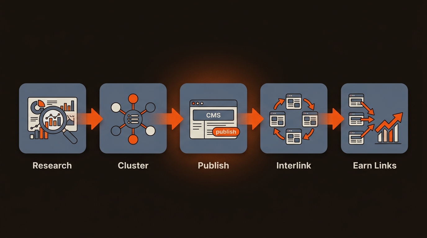 Left-to-right workflow graphic showing research, clustering, publishing, interlinking, and earning links, connected by glowing orange arrows on a dark background.