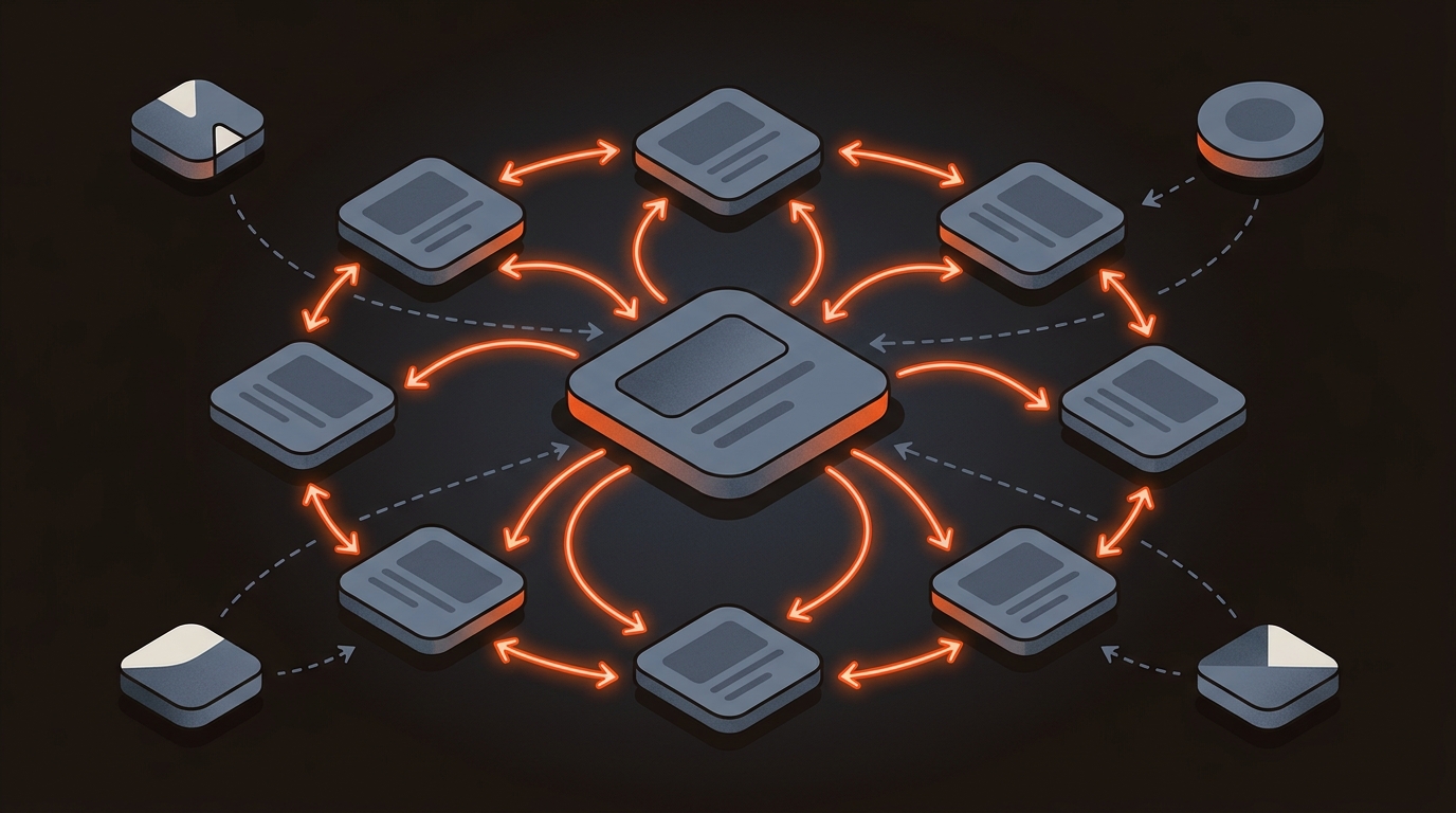 Isometric hub-and-spoke SEO diagram with glowing orange internal links routing equity between a central hub page and surrounding spokes on a dark background, with a few external sites pointing to the hub.