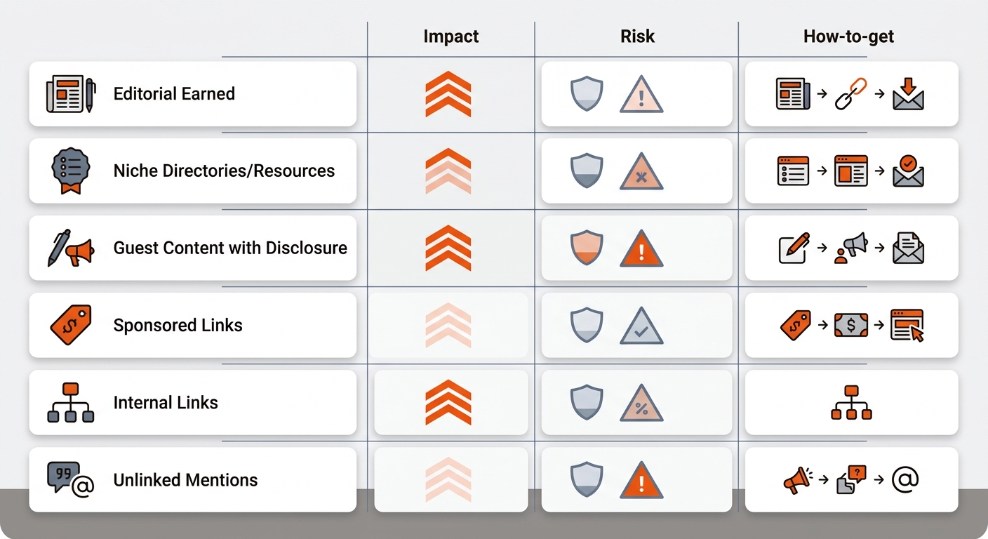 Dark-mode infographic matrix comparing link types by ranking impact and risk using icons, chevrons, and meters in orange and blue-gray, arranged in a clean grid with rounded cards.