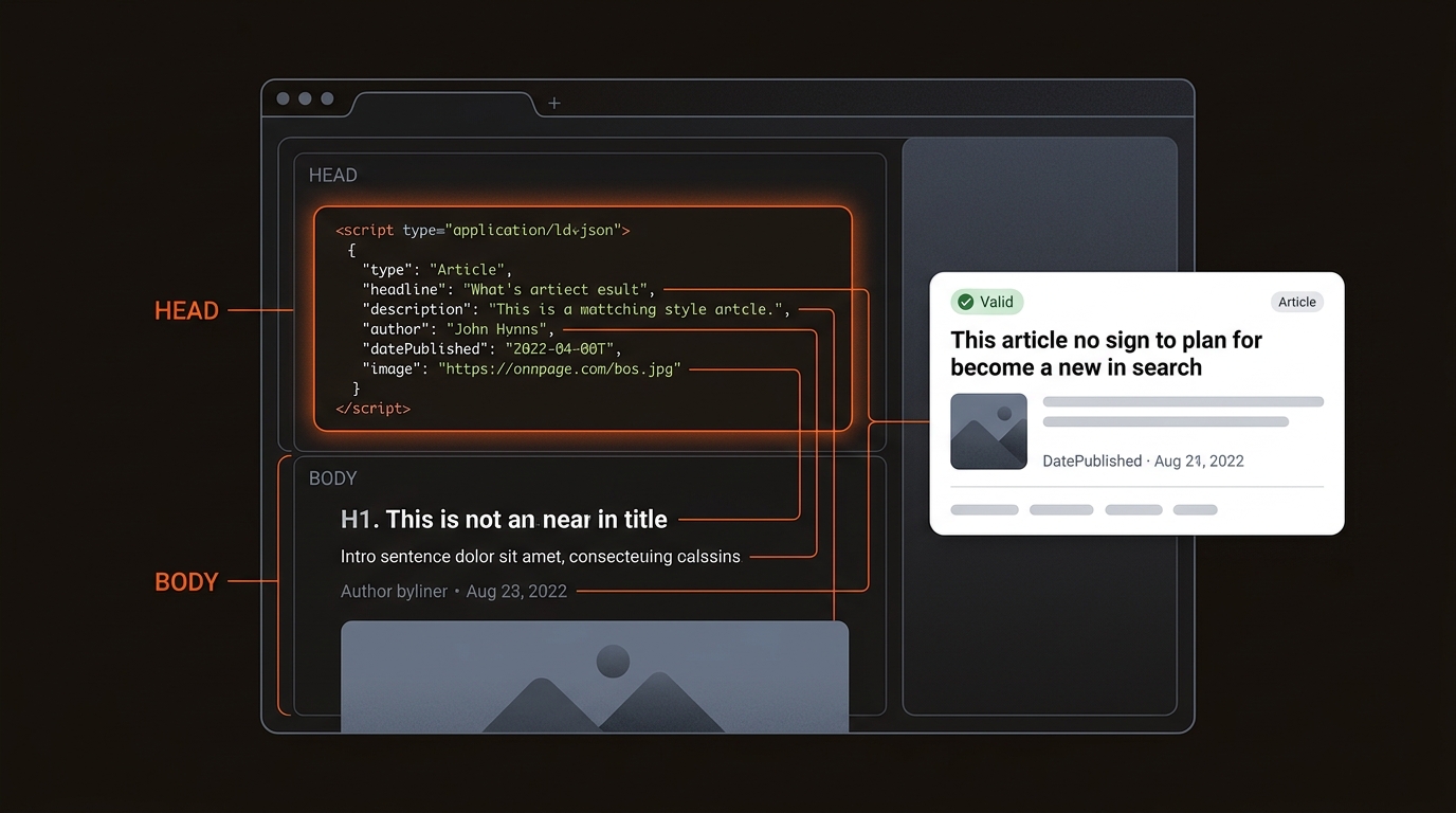 Featured graphic showing a browser window with JSON-LD code in the HTML head linked to matching on-page content in the body and a generic rich result preview, using the brand’s orange, deep charcoal, and blue-gray palette.