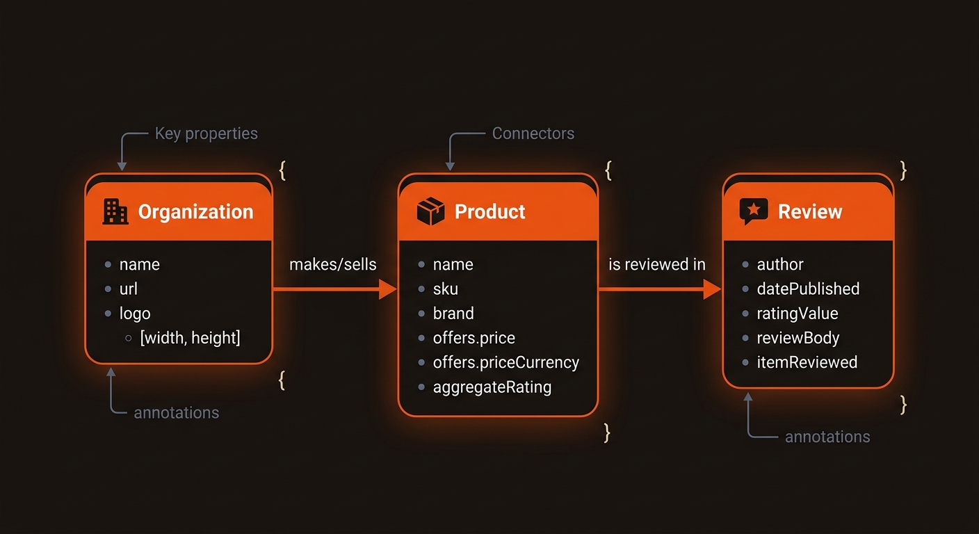 Entity-relationship diagram showing Organization linking to Product, which links to Review, with property lists for each node such as name, logo dimensions, offers price and currency, and rating.