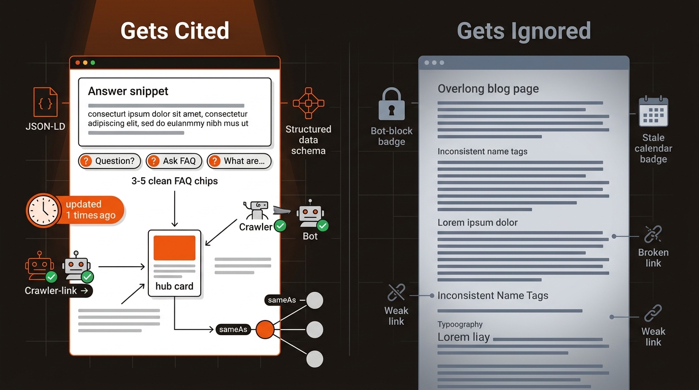 Side-by-side comparison: a structured, corroborated answer page with FAQs and fresh signals marked as cited versus a long generic blog page ignored by AI search.