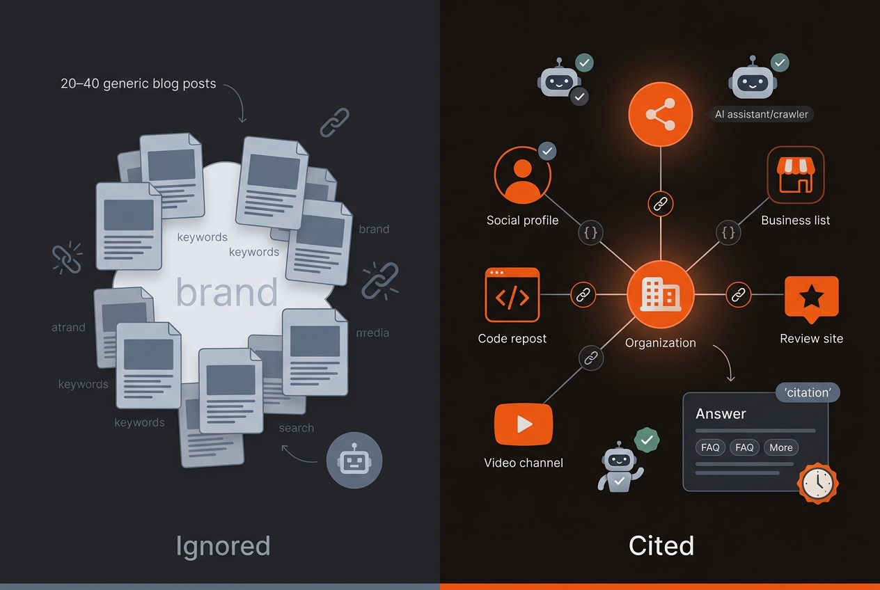 Before-and-after graphic showing how clear Organization schema and sameAs links turn an ambiguous brand into a corroborated, AI-cited entity.