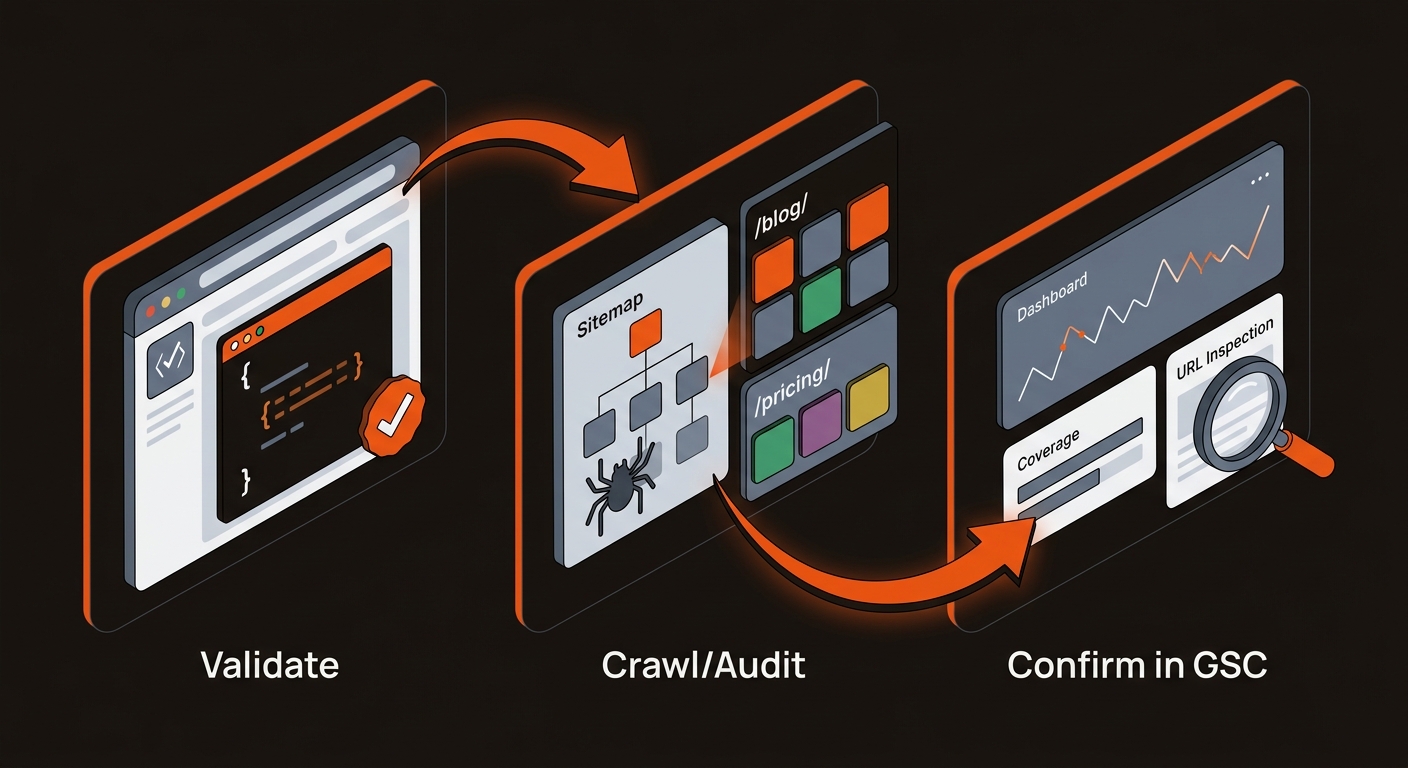Isometric three-step flowchart: a validator browser panel, a crawler scanning a sitemap by templates, and a confirmation dashboard with charts and a URL inspection lens, connected by brand-orange arrows to illustrate a fast schema audit workflow.