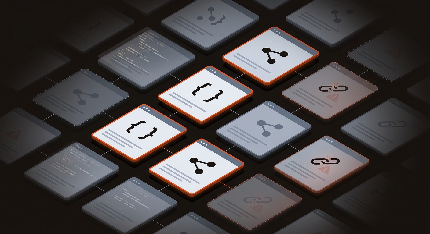 Isometric grid of website pages where a few tiles glow to indicate valid schema and many surrounding tiles are dim or outlined with broken nodes and warning icons, conveying partial and invalid structured data coverage.