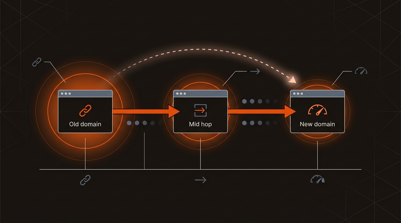 Hero infographic showing a three-step redirect chain from an old domain to a mid hop to a new domain with diminishing link equity, plus a faint direct old-to-new path to illustrate flattening redirects.